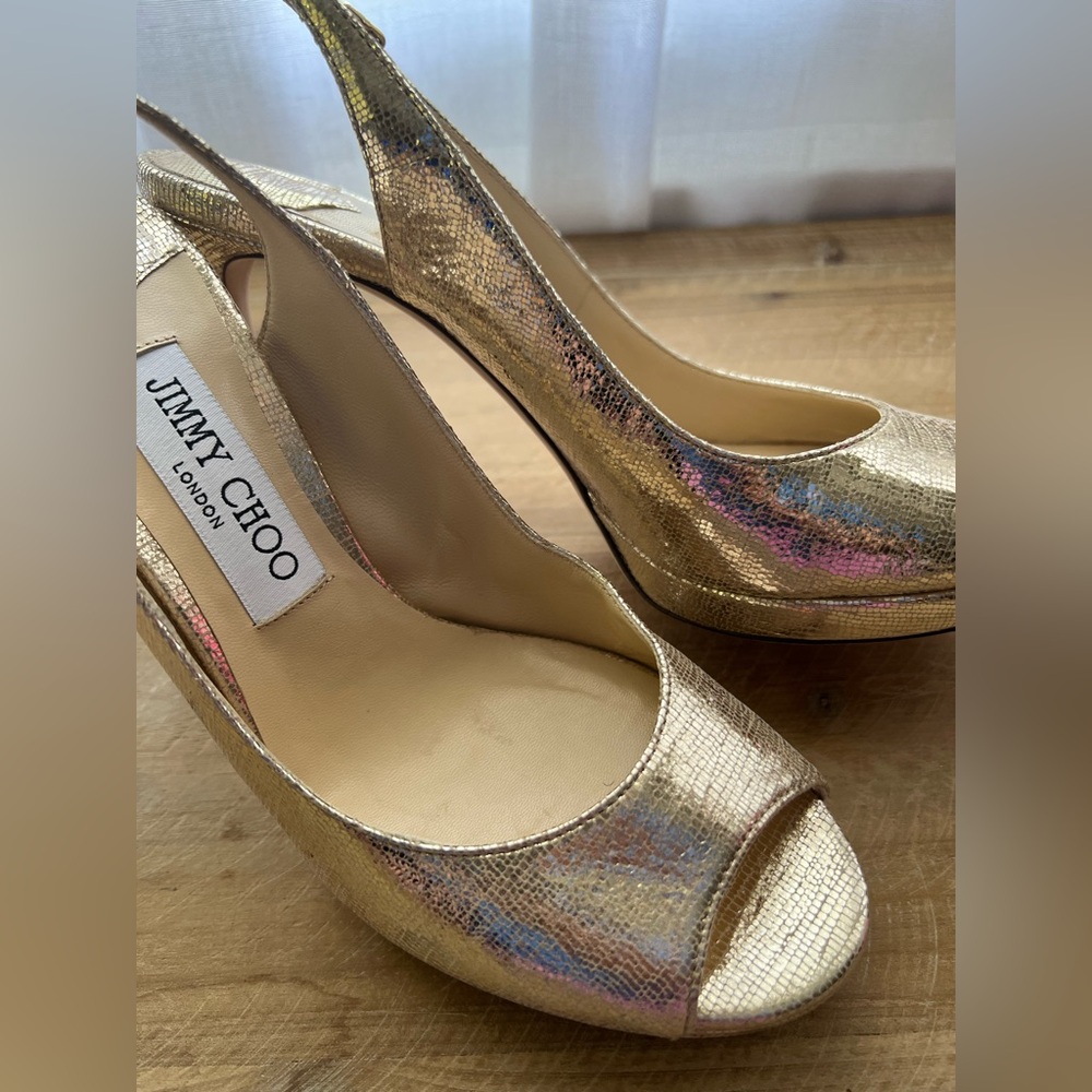 Jimmy Choo Nova Gold Peep Toe Slingback Heel in Women’s Size 37.5 New